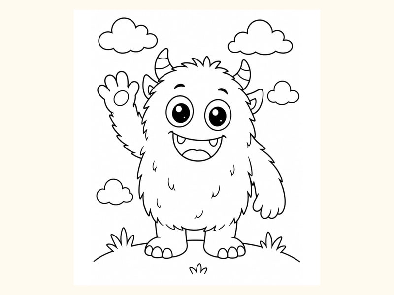 Fluffy Monster Waving with Big Eyes printable preview