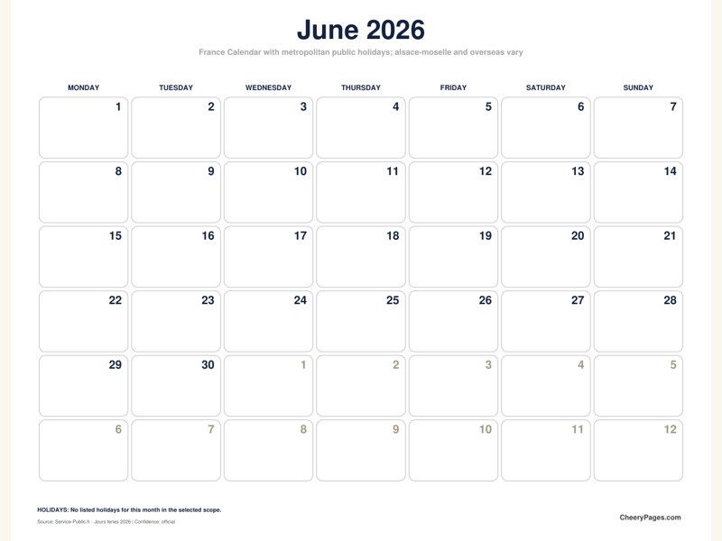 France June 2026 Calendar - Black and White Ink Saver printable preview