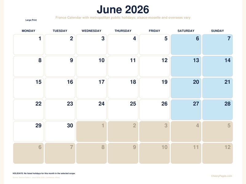 France June 2026 Calendar - Large Print printable preview
