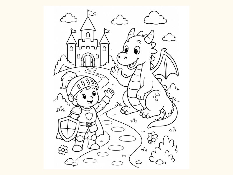 Friendly Dragon and Knight Waving at Each Other near a Castle Path printable preview