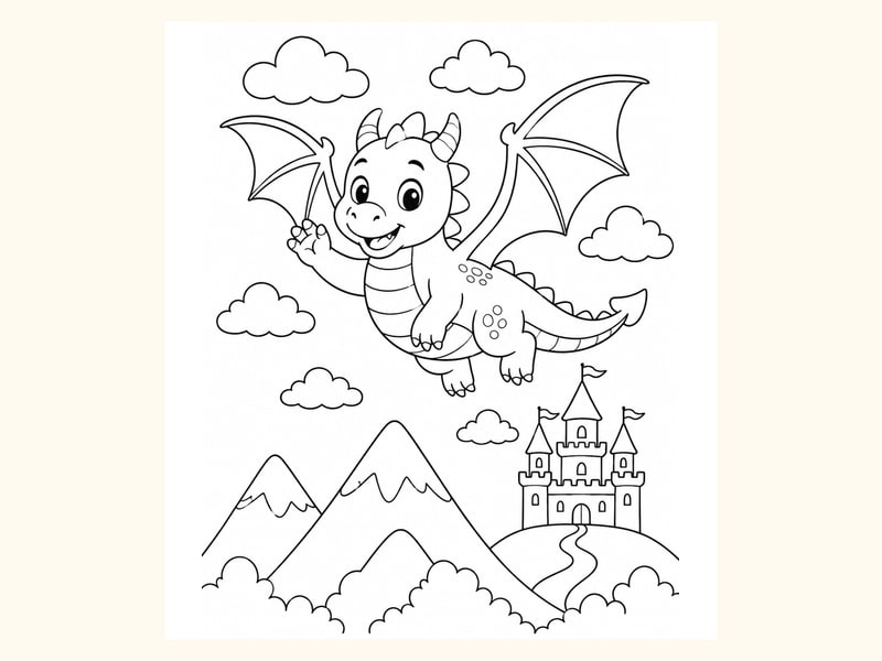 Friendly Dragon Flying Above Mountains printable preview