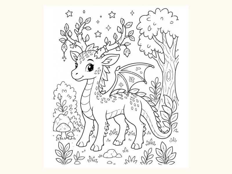 Friendly Forest Dragon-deer Creature with Antlers printable preview