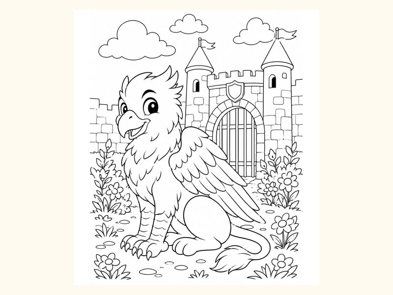 Friendly Griffin Sitting beside a Castle Gate printable preview