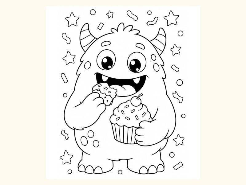 Friendly Monster Eating a Cupcake printable preview