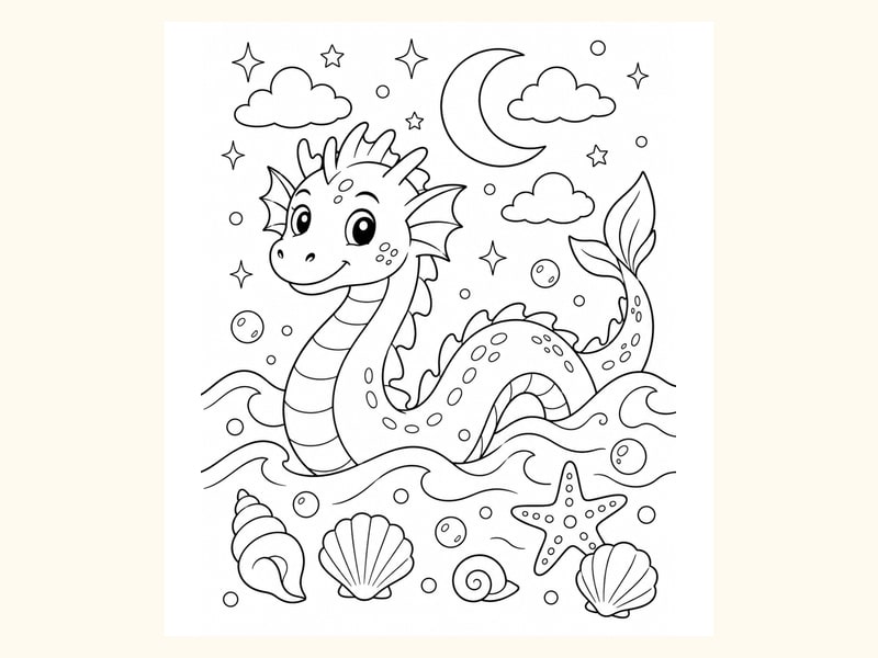 Friendly Sea Serpent Swimming Through Waves printable preview