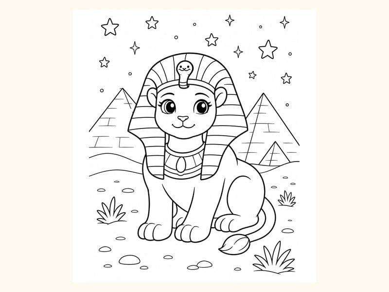 Friendly Sphinx Sitting near Simple Desert Pyramids and Stars printable preview