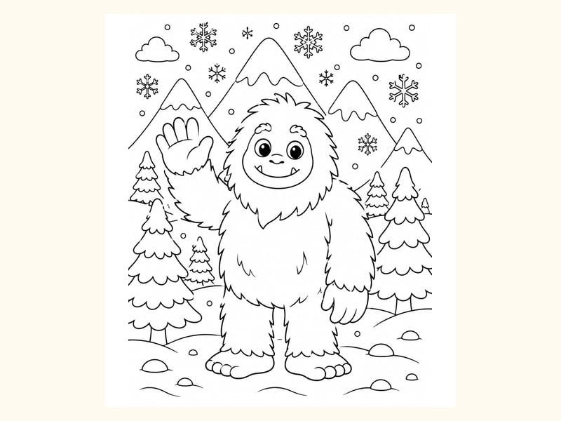 Friendly Yeti Standing in Snowy Mountains printable preview