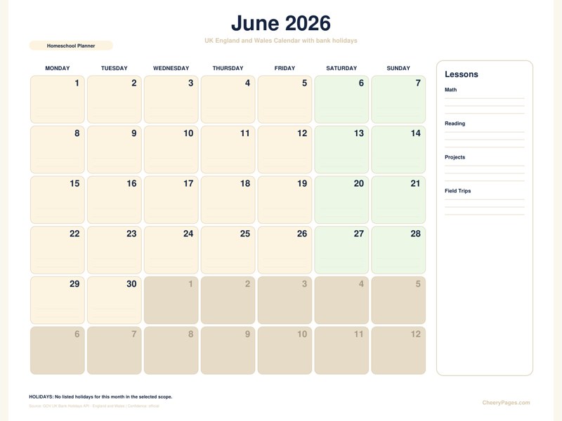 UK England and Wales June 2026 Calendar - Homeschool Planner printable preview