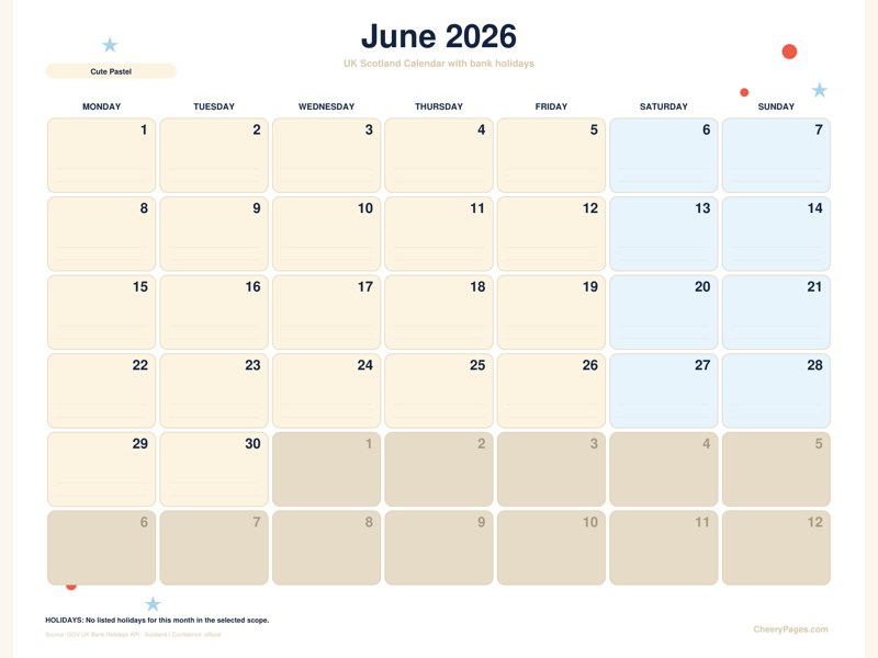 UK Scotland June 2026 Calendar - Cute Pastel printable preview
