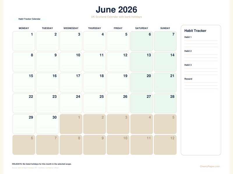 UK Scotland June 2026 Calendar - Habit Tracker Calendar printable preview