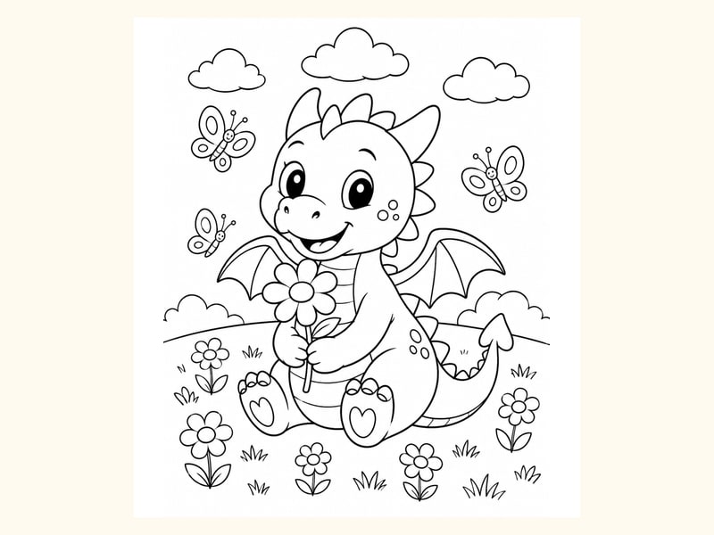 Happy Dragon Holding a Flower in a Meadow printable preview