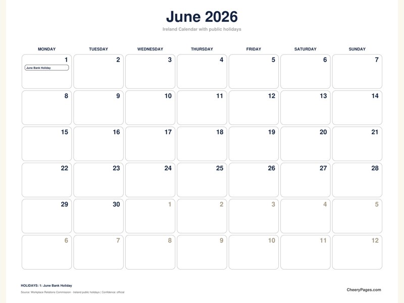 Ireland June 2026 Calendar - Black and White Ink Saver printable preview