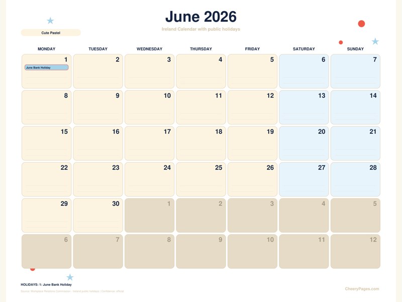 Ireland June 2026 Calendar - Cute Pastel printable preview