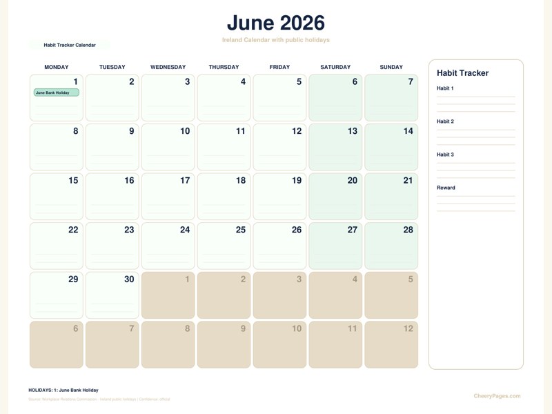 Ireland June 2026 Calendar - Habit Tracker Calendar printable preview