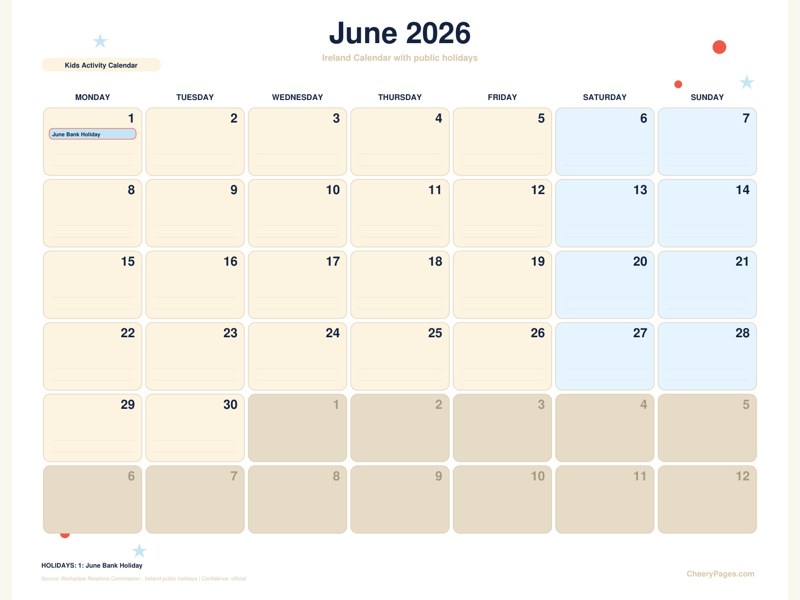 Ireland June 2026 Calendar - Kids Activity Calendar printable preview