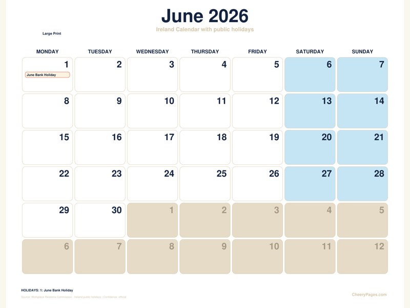 Ireland June 2026 Calendar - Large Print printable preview
