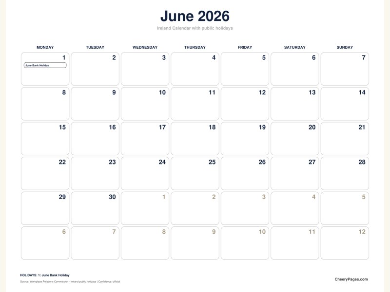 Ireland June 2026 Calendar - Minimal Ink printable preview