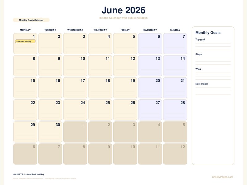 Ireland June 2026 Calendar - Monthly Goals Calendar printable preview