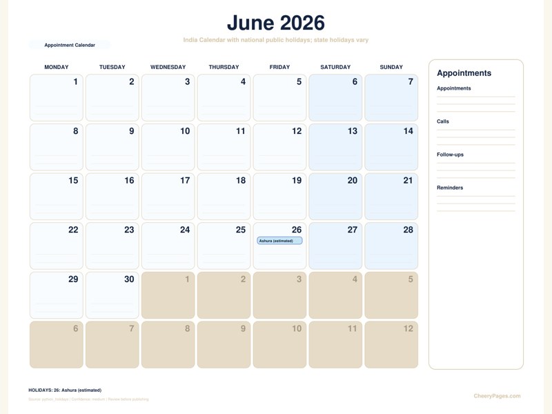 India June 2026 Calendar - Appointment Calendar printable preview