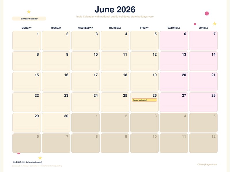 India June 2026 Calendar - Birthday Calendar printable preview