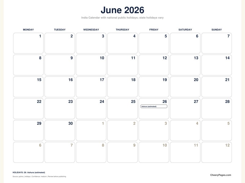 India June 2026 Calendar - Black and White Ink Saver printable preview