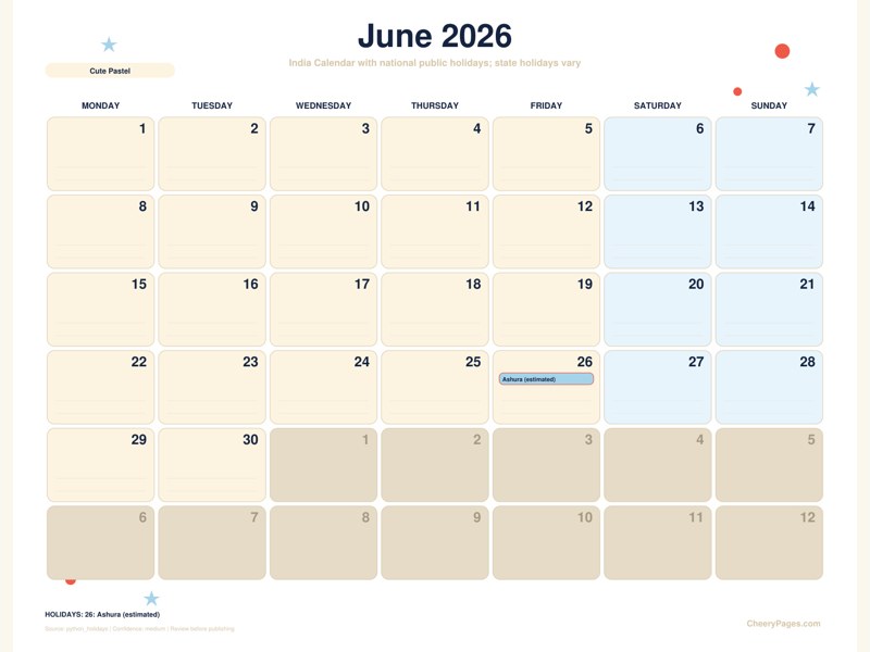 India June 2026 Calendar - Cute Pastel printable preview