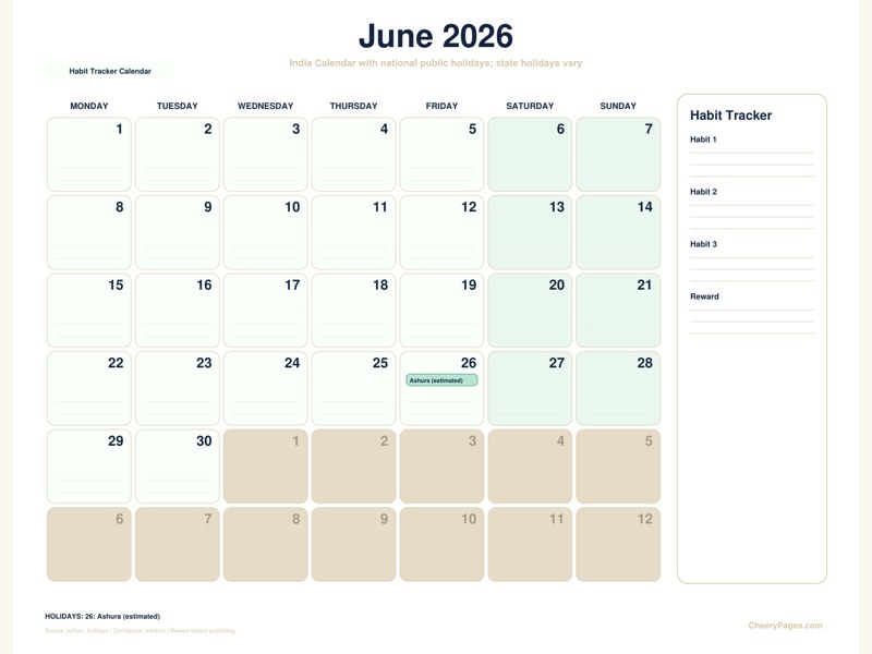 India June 2026 Calendar - Habit Tracker Calendar printable preview
