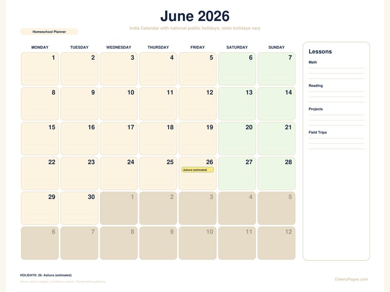 India June 2026 Calendar - Homeschool Planner printable preview