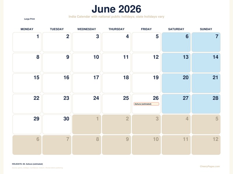 India June 2026 Calendar - Large Print printable preview