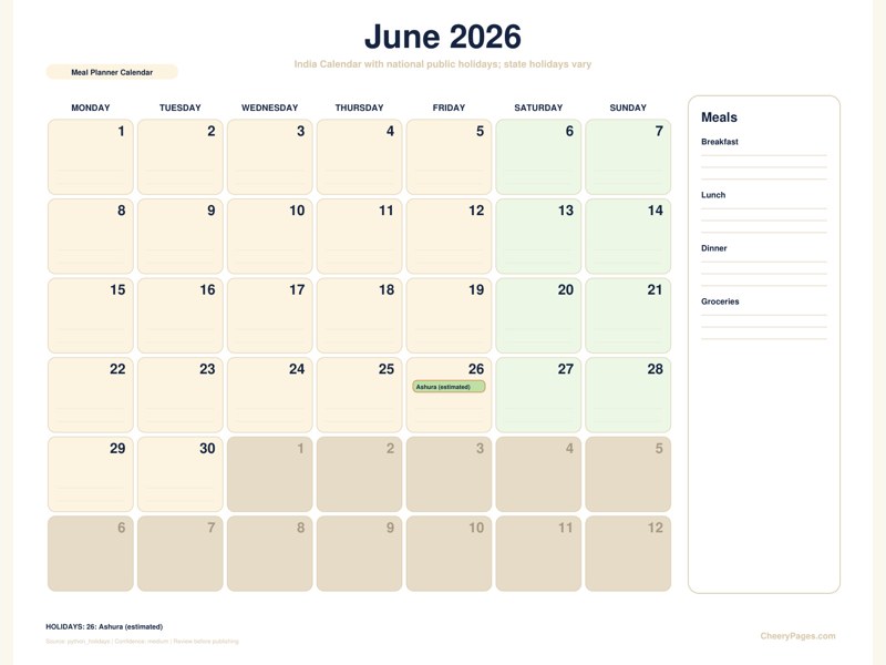 India June 2026 Calendar - Meal Planner Calendar printable preview