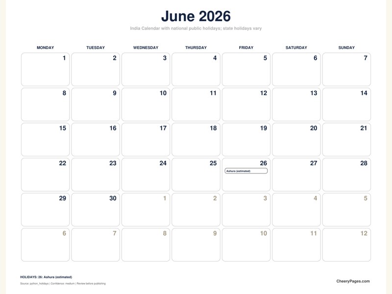 India June 2026 Calendar - Minimal Ink printable preview