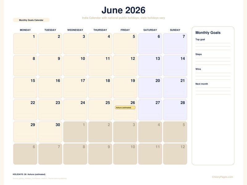 India June 2026 Calendar - Monthly Goals Calendar printable preview