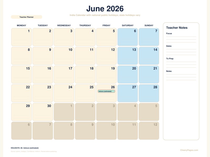 India June 2026 Calendar - Teacher Planner printable preview