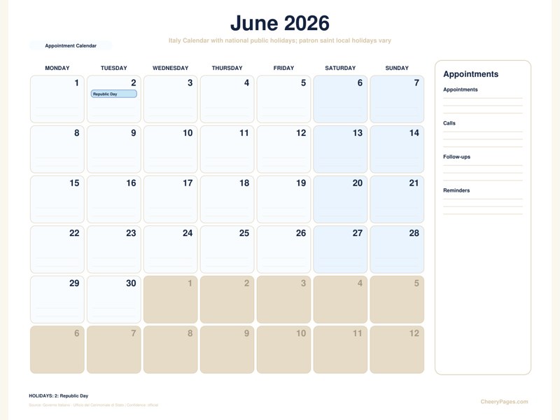 Italy June 2026 Calendar - Appointment Calendar printable preview