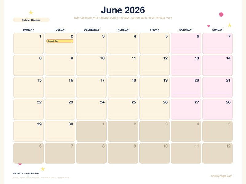 Italy June 2026 Calendar - Birthday Calendar printable preview