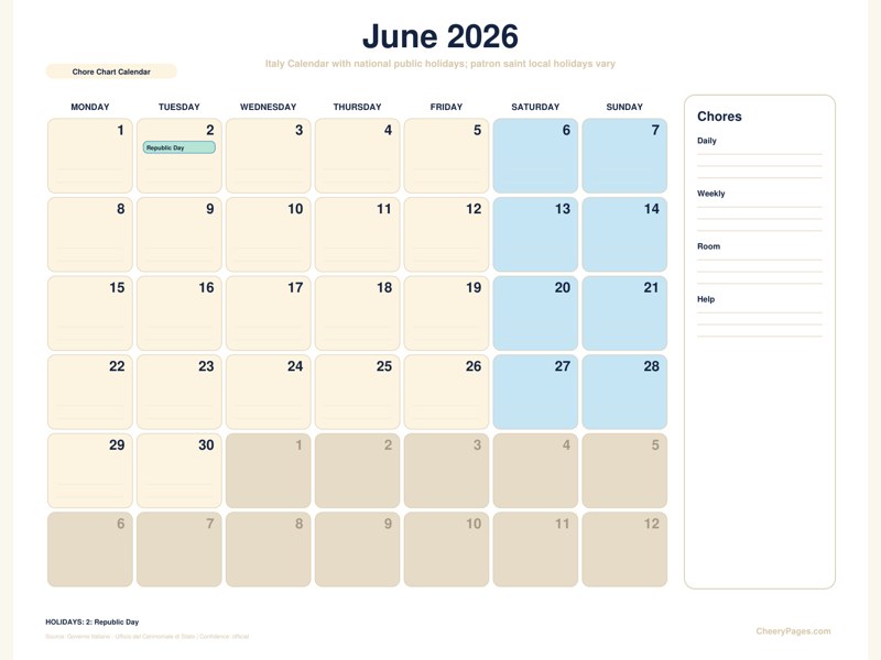 Italy June 2026 Calendar - Chore Chart Calendar printable preview