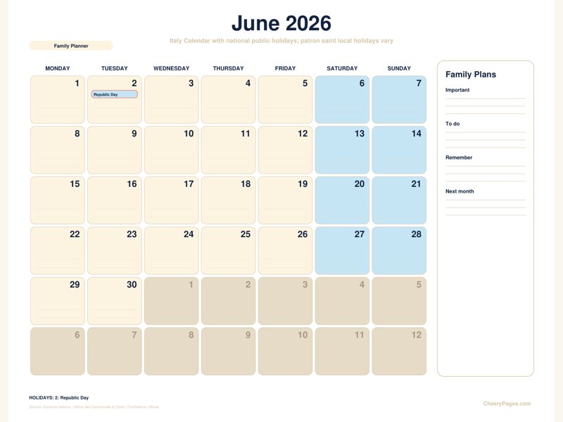 Italy June 2026 Calendar - Family Planner printable preview