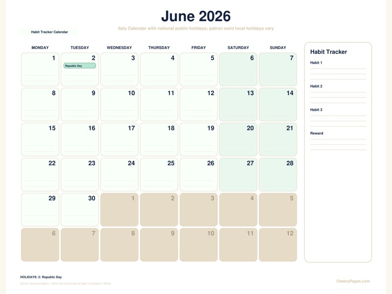 Italy June 2026 Calendar - Habit Tracker Calendar printable preview
