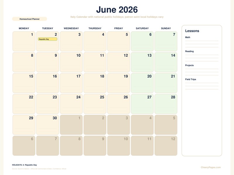Italy June 2026 Calendar - Homeschool Planner printable preview