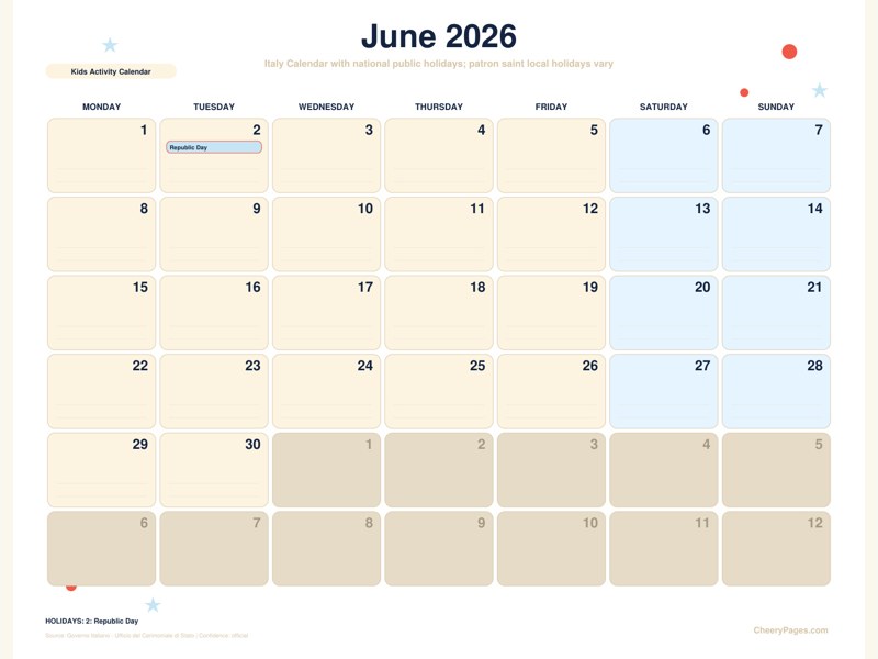 Italy June 2026 Calendar - Kids Activity Calendar printable preview
