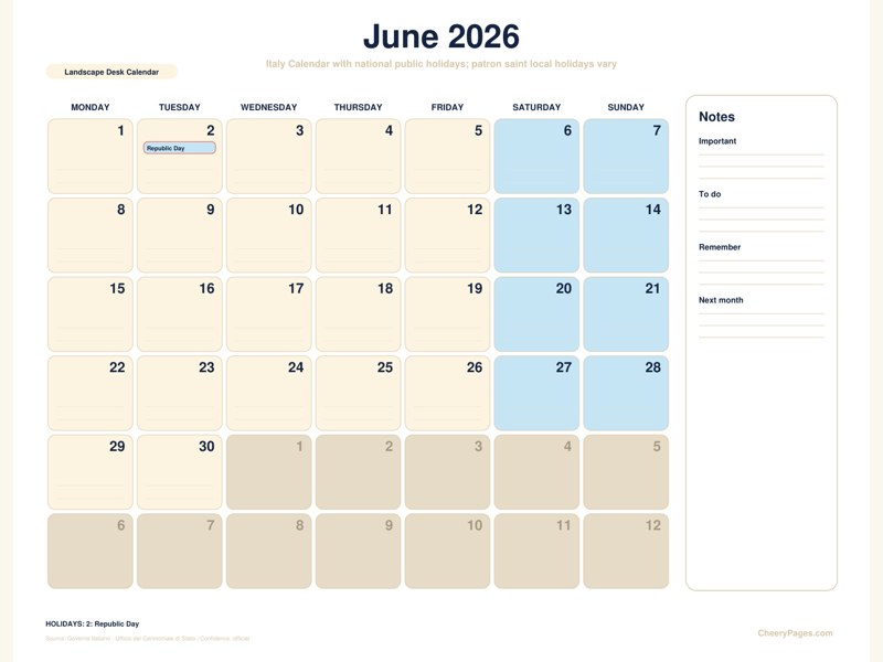 Italy June 2026 Calendar - Landscape Desk Calendar printable preview