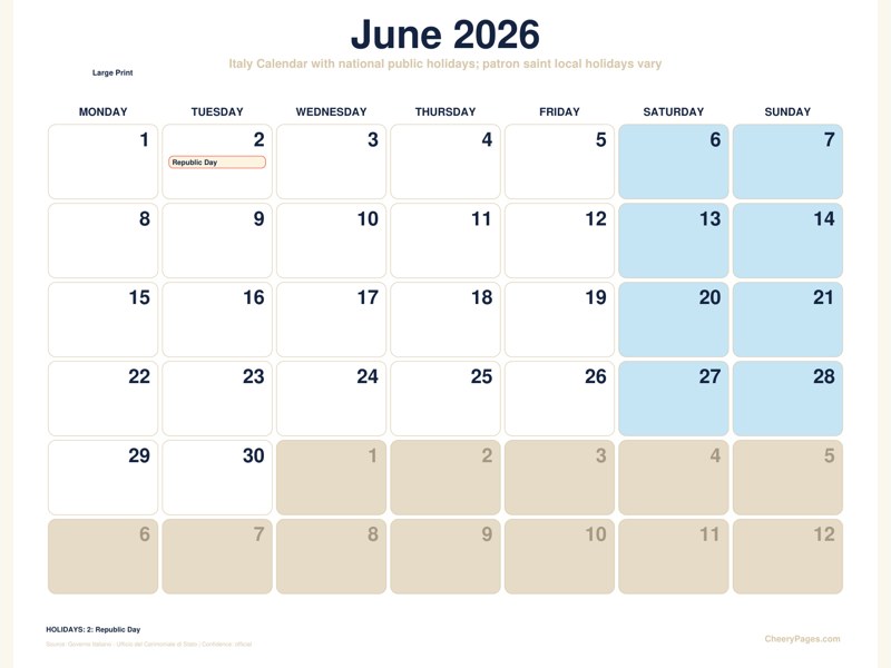Italy June 2026 Calendar - Large Print printable preview