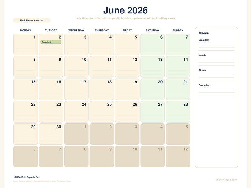 Italy June 2026 Calendar - Meal Planner Calendar printable preview