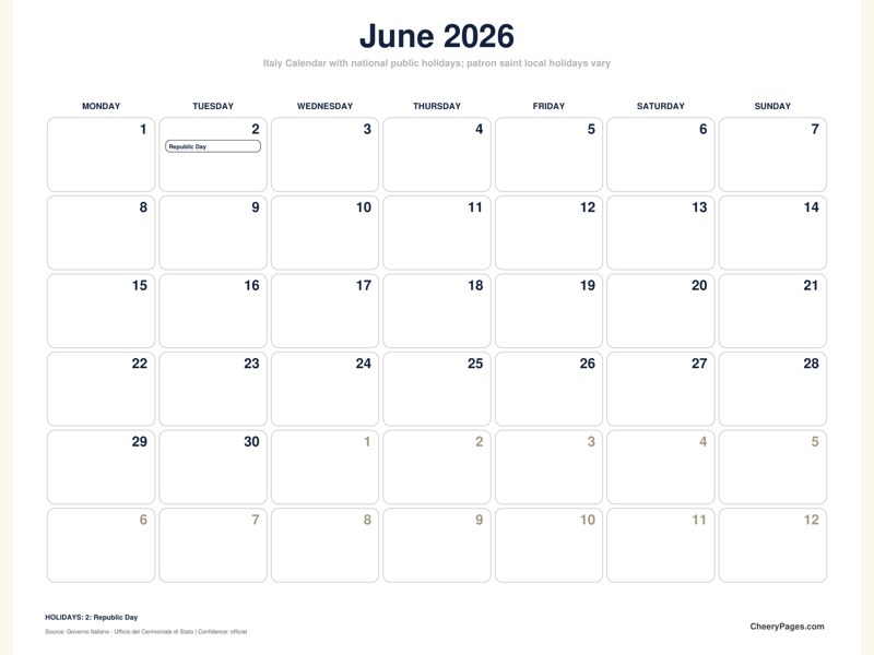 Italy June 2026 Calendar - Minimal Ink printable preview