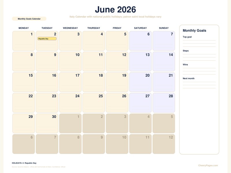 Italy June 2026 Calendar - Monthly Goals Calendar printable preview