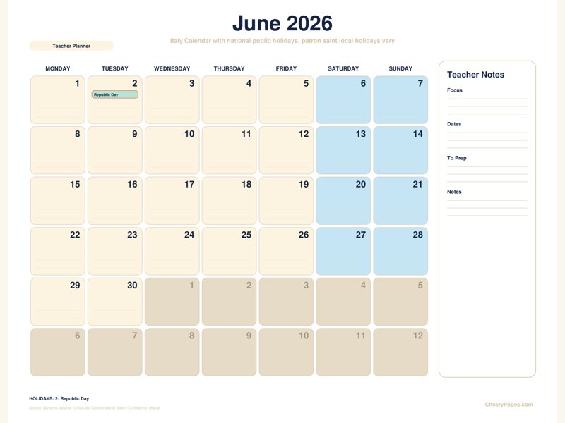 Italy June 2026 Calendar - Teacher Planner printable preview