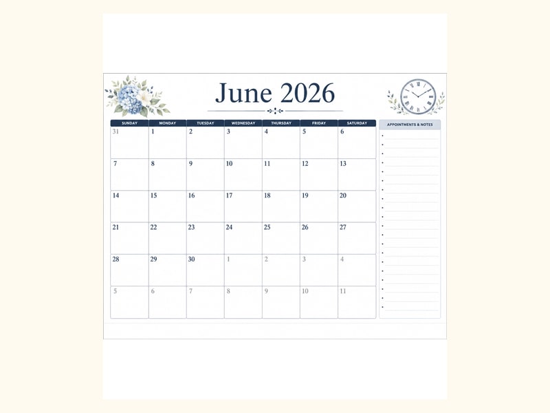 June 2026 Appointment Calendar printable preview