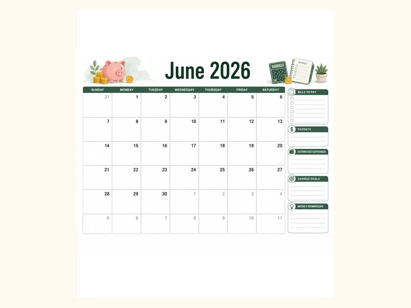 June 2026 Budget Calendar printable preview
