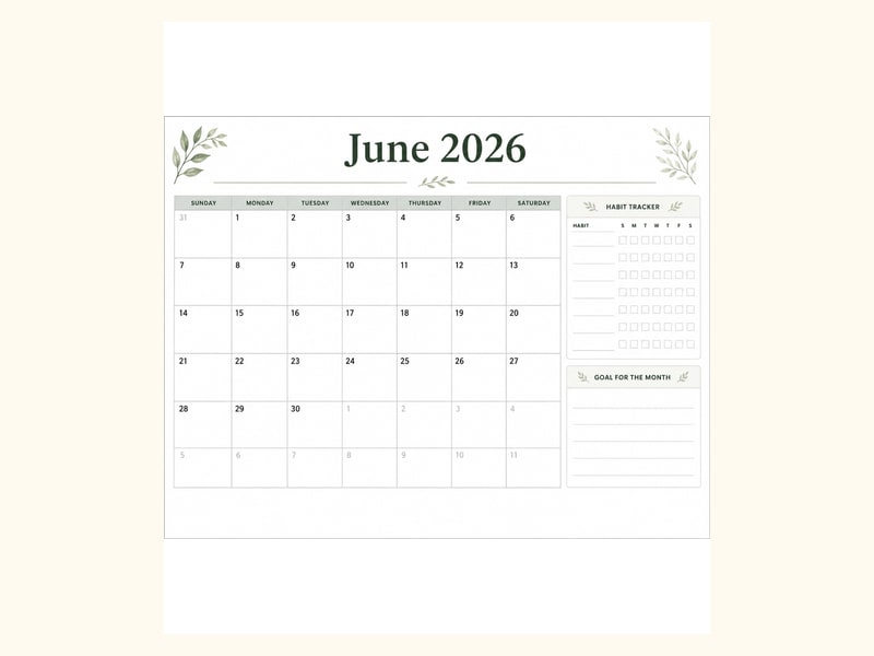 June 2026 Habit Tracker Calendar printable preview