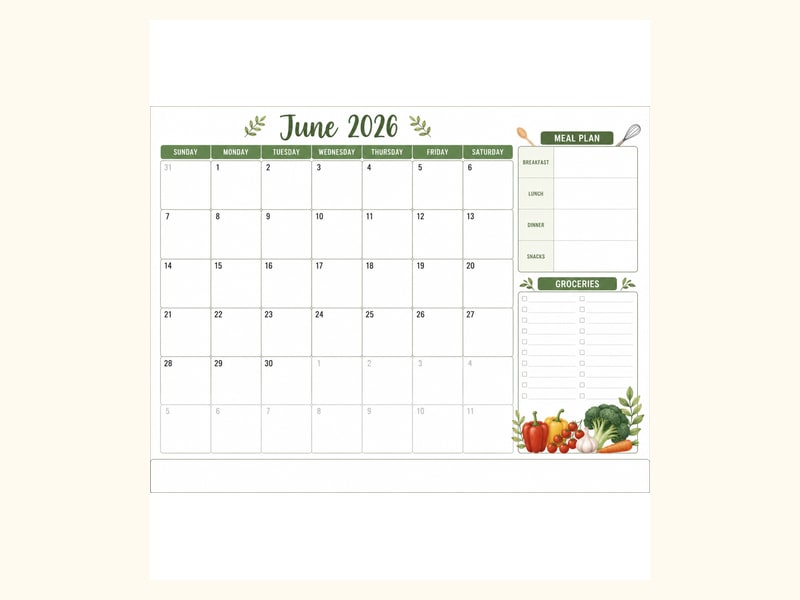 June 2026 Meal Planner Calendar printable preview